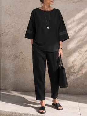 Japanalia Black Tunic Top Boxy Lagenlook  3/4 Wide Sleeve Excellent Size L